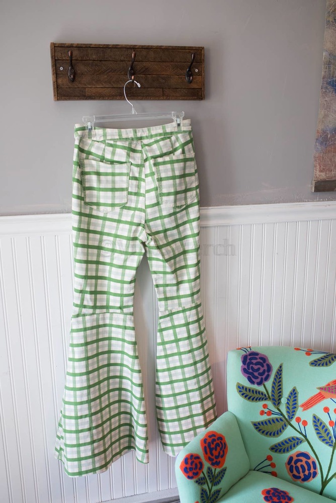 Free People Just Float On Printed Flare Jeans Green Plaid 30 - Picture 6 of 7
